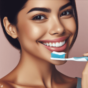 Mujer sosteniendo un cepillo de dientes
